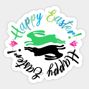 Happy Easter Cute Playful Green And Black Bunnies Illustration Sticker